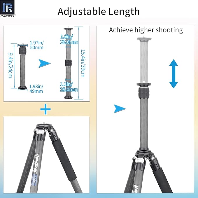 INNOREL ER282C Universal Carbon Fiber Tripod Center Column Extension Pole Extender - 29.0mm Tube, 10 Layers, 2-Section, 9.4-15.4 Inch, 44lbs Max Load, Compatible with DSLR Camera, Tripod, Monopod