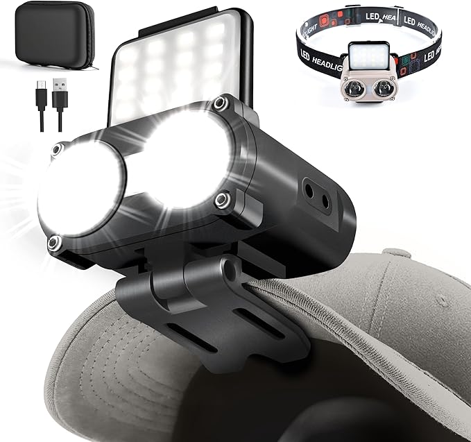 LED Hard Hat Light, 800Lumens Rechargeable Dimmable Clip on Cap Lights, 180°Adjustable Hat Flashlight Headlamp Waterproof for Running, Camping, Hunting, Cycling (Black)