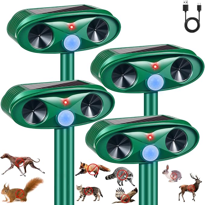 2026 Upgraded Solar Ultrasonic Animal Repellent Outdoor Deer Repellent Devices Motion Detection for Raccoon Squirrel Rabbit Dog Cat Deterrent Keep Chipmunk Rodent Away from Yard Lawn,4Pack