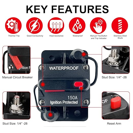 150 Amp Circuit Breaker Resettable Fusewith Manual Reset Switch Button Waterproof 12V-48V DC for Boat Trolling Motor Marine ATV Trailer Vehicles Stereo Audio Electronic Battery Solar System