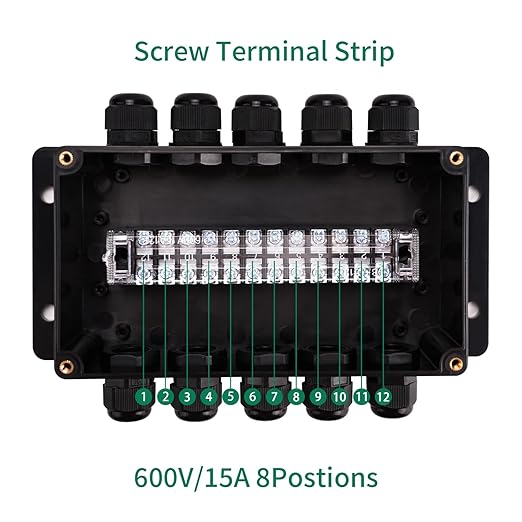 ABS IP67 Waterproof Dustproof Electrical Junction Box, with 15A 600V Barrier Terminal Cable Connector, 5 in/5 Out Power Junction Box（6.22 * 3.54 * 2.5in）