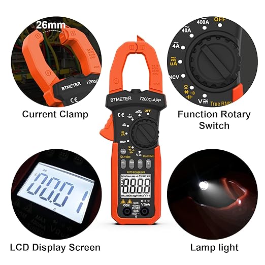 BTMETER Digital Clamp Meter Multimeter, Auto Range 4000 TRMS AC DC Voltmeter Ammeter Test Volt Amp Ohm Capacitance Frequency w/Data Export, Mini Multi Tester BT-7200CAPP