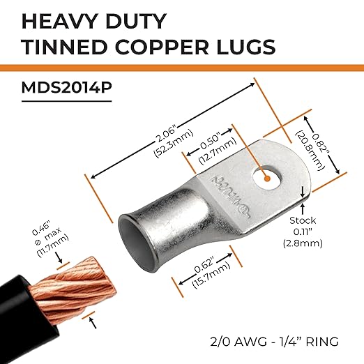 SELTERM 15pcs 2/0 AWG 1/4" Stud UL Marine Grade Battery Terminal Connectors Tinned Copper Battery Cable Lugs 00 Gauge Wire Connectors Electrical Battery Cable Ends Ring Terminals Tinned Copper Lugs