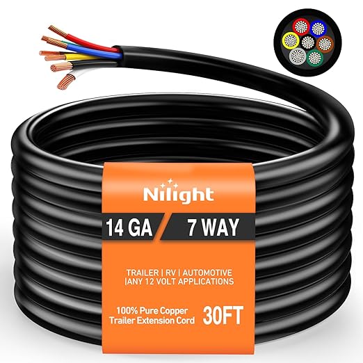 Nilight 30 Feet 7 Way Trailer Extension Cable RV Standard Wire 14 Gauge 7 Conductor 100% Pure Copper Insulated Heavy Duty Cord Weatherproof for 7 Pin Blade Truck Camper RV Automotive