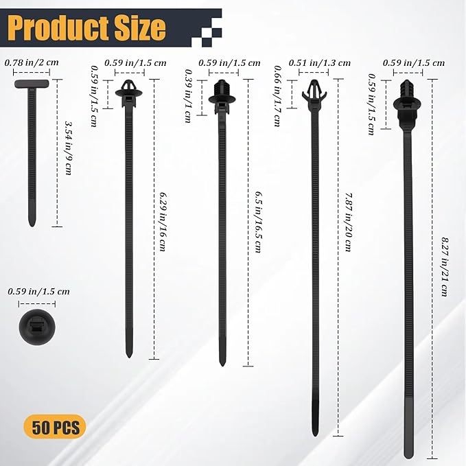 50PCS Universal Nylon Push Mount Cable Zip Tie, Heavy Duty Self Locking Zip Ties Holder, 5 Sizes Black Cable Tie Buckle, UV Resistant Multipurpose Tie Fasteners for Car Daily Repair(5 Types)