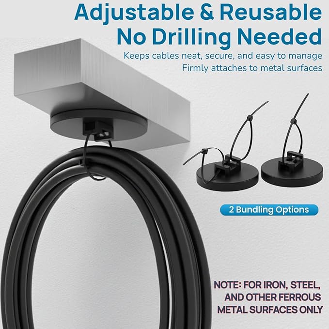 225 Pieces Magnetic Zip Tie Mount Set, 25 Magnetic Cable Tie with 200 Cable Ties, Strong Wire Management Cables Holder, Multipurpose Electrical Cord Holders Organizer (43mm)