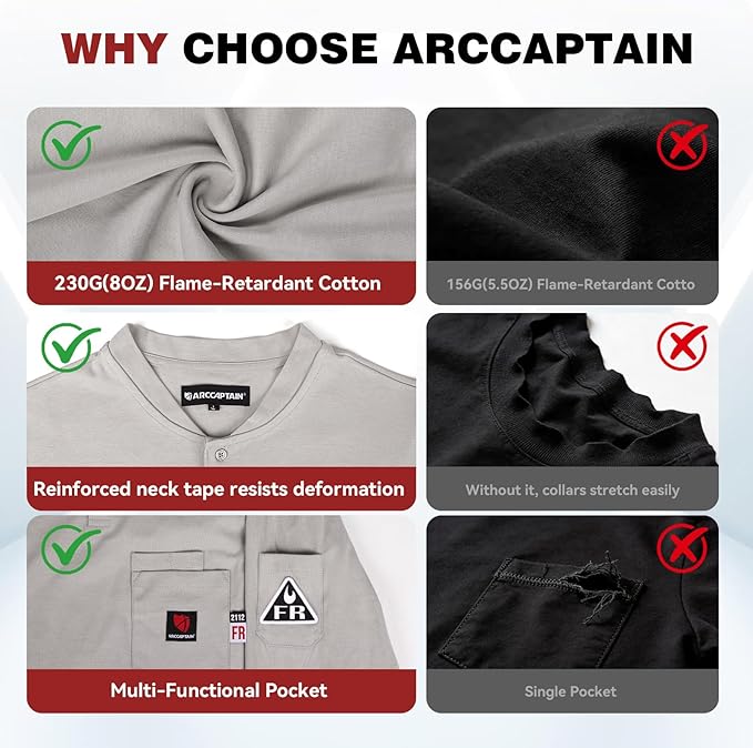 ARCCAPTAIN FR Shirts for Men 8oz 100% Cotton Fire Resistant Henley Shirt CAT2 NFPA2112 Welding Work Long Sleeve Clothing