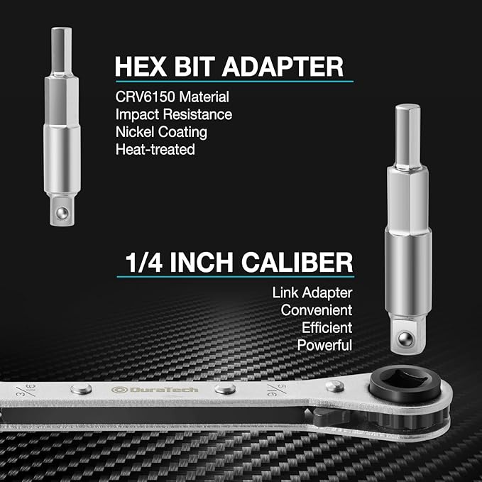 DURATECH 4 IN 1 HVAC Service Wrench, 3/16", 1/4", 5/16", 3/8", Air Conditioning & Refrigeration Equipment, Hex Bit Adapter