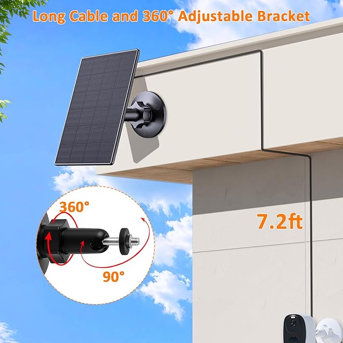 Zivif 2W Solar Panel for Security Cameras, Solar Charger with Micro USB & USB-C Port for Rechargeable Battery Security Camera, 360° Adjustable Mount, Black (2 Pack)