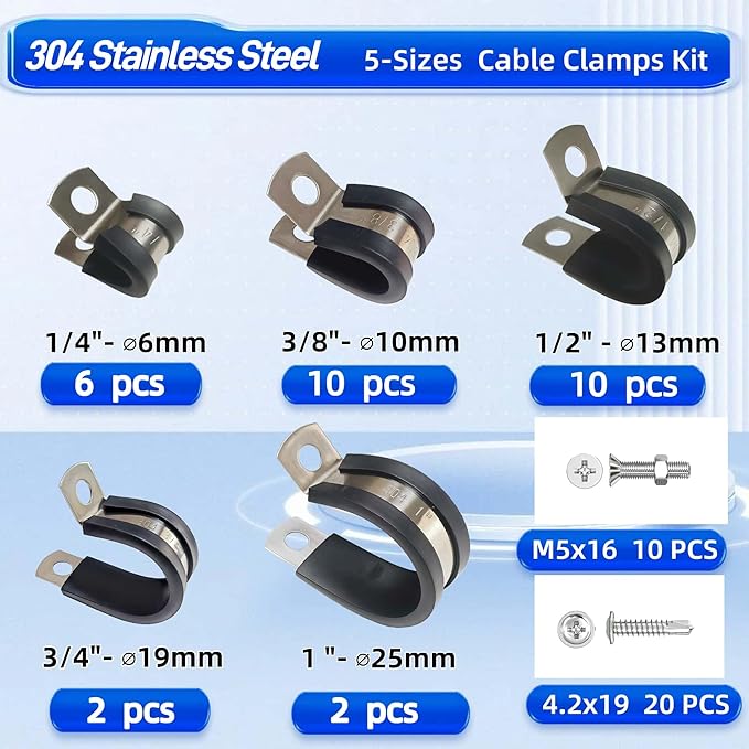 60 Pcs Cable Clamps Kit, 304 Stainless Steel Wire Clamps with Rubber Cushion for Pipe, Hose, Protection and Management in 5 Size (1/4", 3/8", 1/2", 3/4", 1")