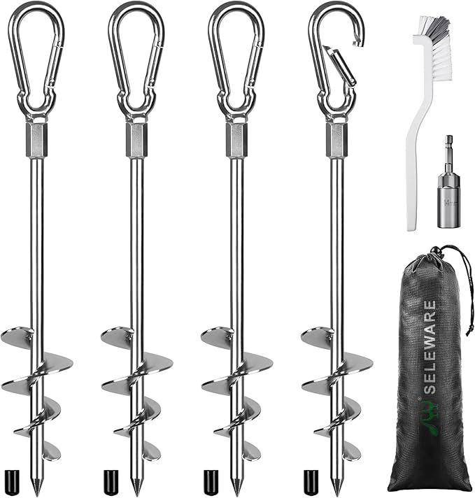 SELEWARE 4 Pack Trampoline Stakes Heavy Duty Ground Anchors High Wind Trampoline Stakes Anchors Spiral Earth Anchors for Secure Animals Trampolines Tents Shed Swing Set Mobile Homes Carport