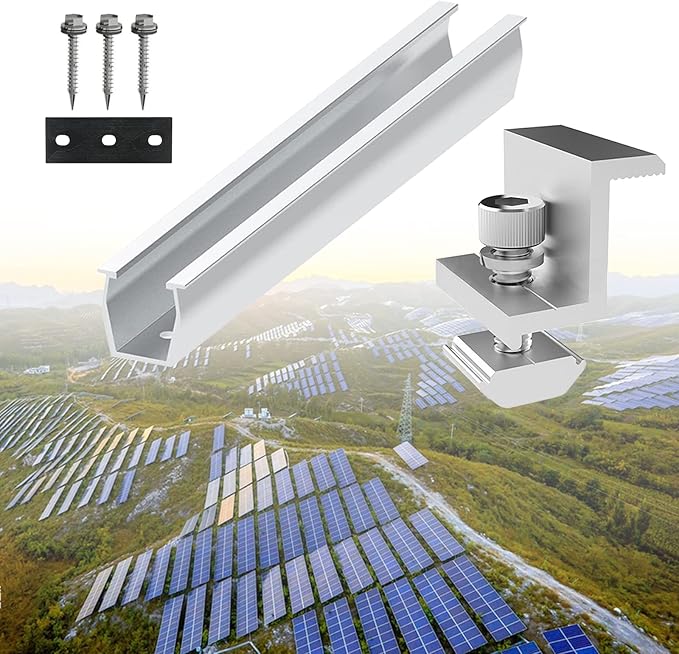 Solar Panel Mounting Rail Aluminium Solar Rooftop Rail Connector Solar Bracket Solar Roof Mount Kit for Metal Roof, Tin Roof, Flat Roof, Sheet Roof (4 x 200mm Rail + 4 x 35mm Clamp)