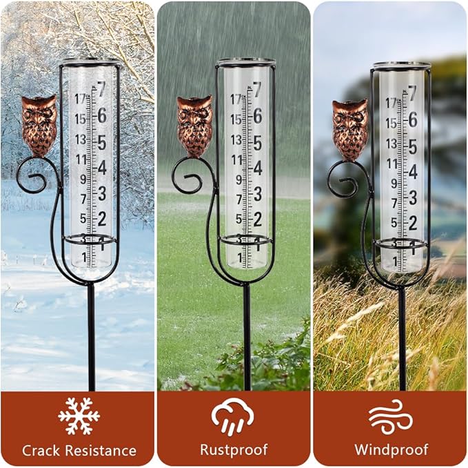 Owl Rain Gauges,Water Gauge for Rain with Metal Stake,7 Inch Freeze Proof Detachable Rain Gauge Outdoor Decorative for Measuring Precipitation