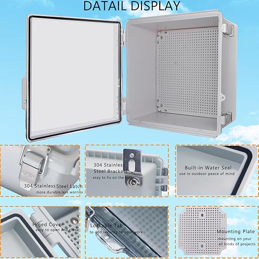 Waterproof Junction Box, ABS Plastic Electrical Box with Stainless Steel Latch, Hinged Cover Electric Project Enclosure Box with Mounting Plate, Wall Brackets,Clear 11.8"x11.8"x7.1"