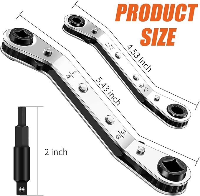 2pcs HVAC Service Wrench Set, 3/16" to 3/8" & 5/16" x 1/4", HVAC Tools with 2 Hex Bit Adapters for Air Conditioning and Refrigeration Equipment Repair