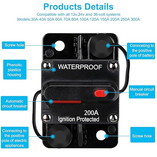 Generic 200 Amp Waterproof Circuit Breaker,with Manual Reset,12V-48V DC,30A-300A,for Car Marine Trolling Motors Boat ATV Manual Power Protect Audio System Current Overload Protection