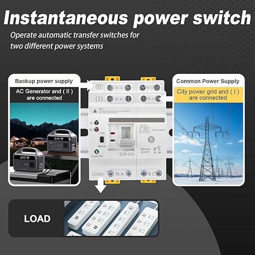 63Amp 220V AC Mini ATS Automatic/Manual Transfer Switch, 4Pole G2R Solar Auto Dual Power Changeover Switch for Home, Din Rail Mounted 50/60Hz CE Certified for Rv, Lv, Cn Public/Backup Power
