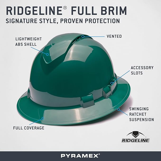 Pyramex Ridgeline Full Brim Vented Hard Hat 4 Point Ratchet Suspension
