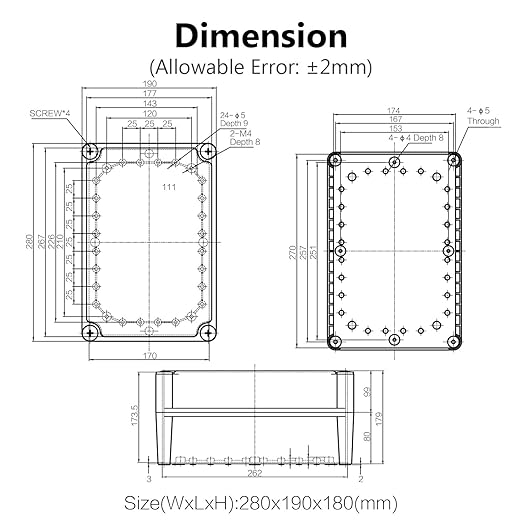 LeMotech IP67 Waterproof Junction Box ABS Plastic Project Box Dustproof Electrical Box Outdoor Enclosure for Electronics DIY Case Gray 11x 7.5X 7.1 inch (280x 190x 180 mm)