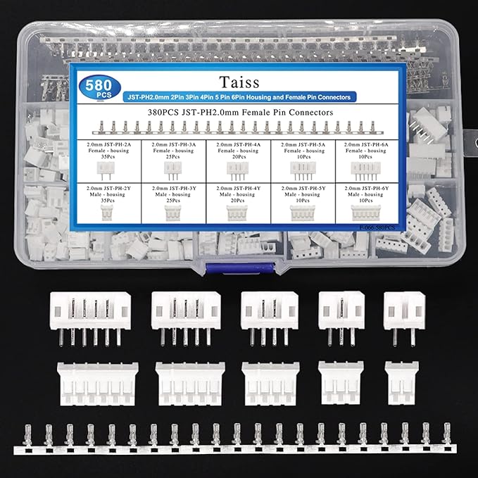 Taiss JST Crimping Tool with 580PCS JST PH Connector kit 2.0mm 2/3/4/5/6Pin Housing Female/Male Adapter Cable Connector Plug,Female Pin Connectors,Ratcheting Wire Crimper JST Crimper,Dupont Crimper