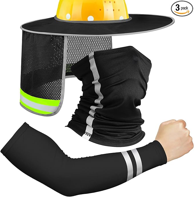 SATINIOR 3 Pcs Sun Hard Hat Neck Protection High Visibility Full Brim Mesh Sun Protection Bandana Headband Arm Sleeves with Reflective Strap for Construction Helmet Hard Hat(Black)