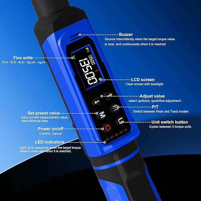 1/2" Digital Torque Wrench 1.5-99.56 Ft-lb (2-135 Nm), Electronic Inch Pound Torque Wrench with 3/8" Adapter, 5 Units ±1% Accuracy with Buzzer & LED Alerts for Car Bike Moto