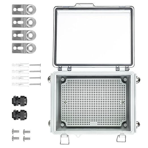 Waterproof Outdoor Project ABS Plastic Junction Box，IP67 Waterproof Clear Enclosure Boxes for Outdoor Garden with Hinged Cover, Mounting Plate, Wall Brackets, Cable Glands (Clear,10.2"x6.3"x4.3")