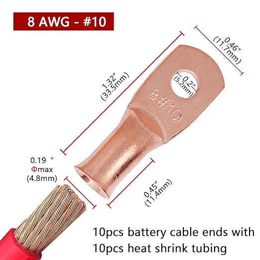 TKDMR 10pcs 8 AWG-#10 Battery Lugs,Heavy Duty Wire Lugs,Ring Terminals,Battery Cable Ends,0 Guage terminals,Battery Terminal Connectors with 10pcs 3:1 Heat Shrink Tubing