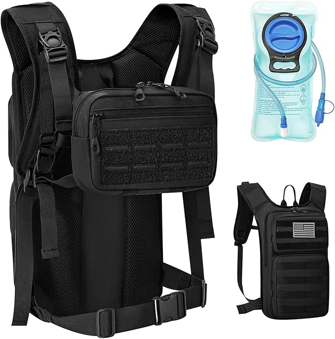 Tactical Hydration Backpack with 2L Water Bladder and Front Small Tactical Pouch, Outdoor Water Backpack for Men Women, Sports Hydration Pack for Hiking, Cycling, Climbing