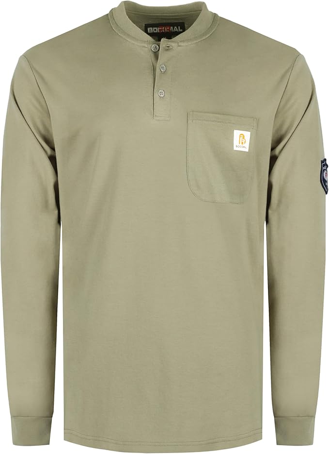 BOCOMAL FR Shirts Flame Resistant Shirt 5.5oz 100% Cotton Light Weight CAT2 Fire Retardant Henley Shirts