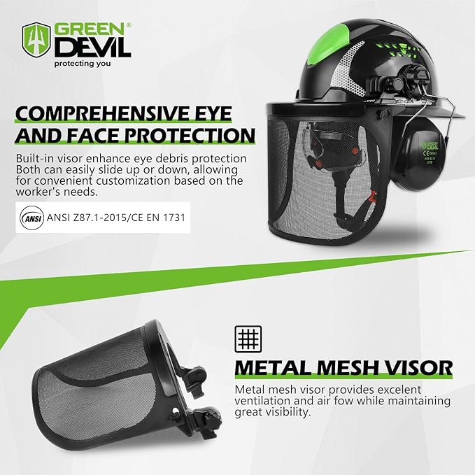 GREEN DEVIL Industrial Chainsaw Helmet with Face Shield Built in Visor and Ear Muffs 4 in 1 System ANSI Z89.1 Safety Hard Hat Adjustable Headgear Ideal for Forestry and Arborist Work Full Brim Style