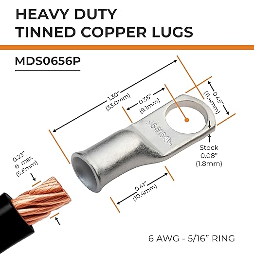 SELTERM 10pcs 6 AWG-5/16" Stud Tinned Copper Wire Lugs, Heavy Duty Battery Cable Ends,6 Gauge Ring Terminals, UL Battery Lugs Marine Grade Copper Eyelets Electrical Battery Terminal Connectors