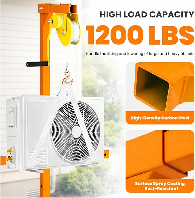Air Conditioner Lifting Tool, 1200LBS Heavy Duty HVAC Hoist with 60FT Steel Cable, Portable AC Lifting Crane for Outdoor Installation, Self-Locking Manual Winch & Mounting Bracket, Carbon Steel