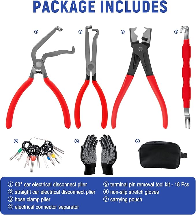 7 Pcs Electrical Disconnect Pliers for Cars 37960 37980, Connector Separator 13120 & Hose Clamp Pliers with Terminal Removal Tools, Work Gloves & Tool Bag - for Automotive Electrical Connector