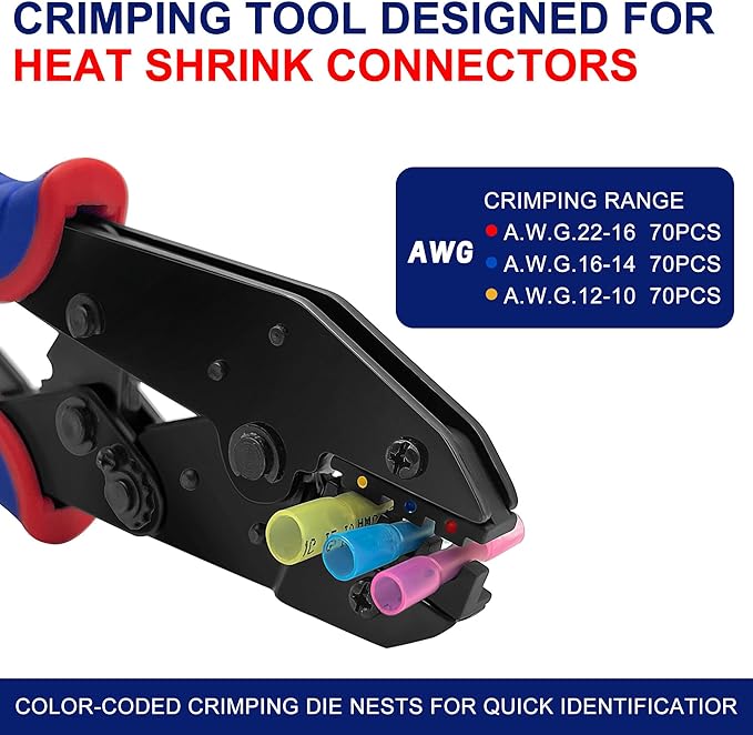 Wire Crimping Tool, Ratcheting Wire Crimper Tool, Crimper Tool for Heat Shrink, Nylon, Non-Insulated Connectors