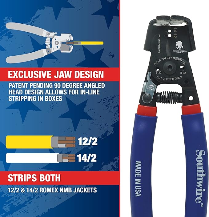 Southwire - 65172140 SNM1214HH-US ROMEX BOXJaw Wire Stripper, Dual Wire Cutter Strips both 12/2 & 14/2 Romex NMB JACKETS and 12 and 14 AWG Solid Wire