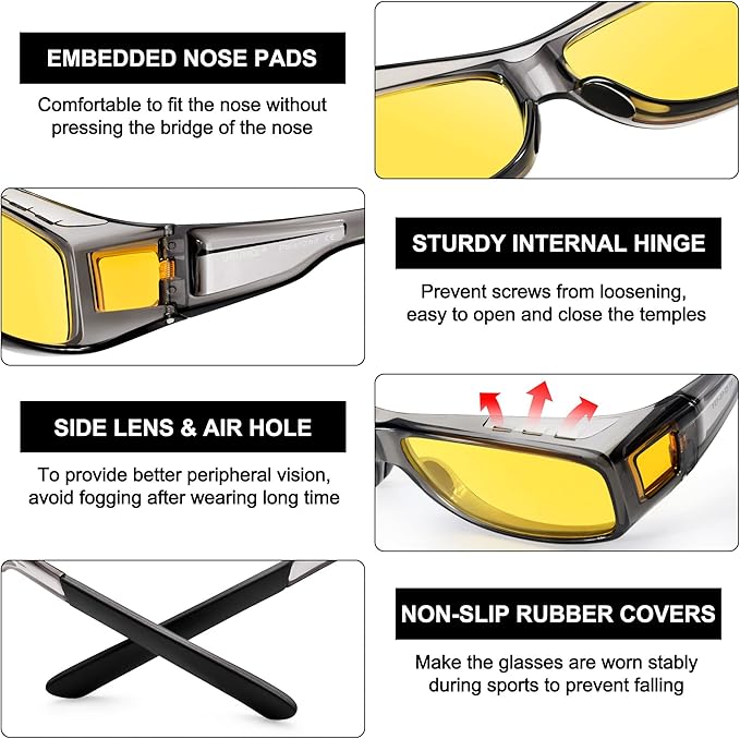 URUMQI Night Vision Driving Glasses Fit Over Eyeglasses for Men Women, Anti Glare Polarized Nighttime Glasses Yellow Lens