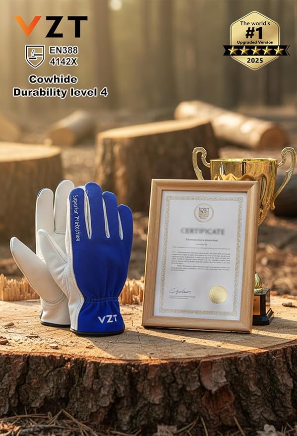 12 Pairs Bulk Leather Work Gloves for Men or Women for Construction, Wood cutting, Driving, Water Resistant, Keep warm, Soft, Cowhide, Class 4 Abrasion Resistant, Blue-White, XXL