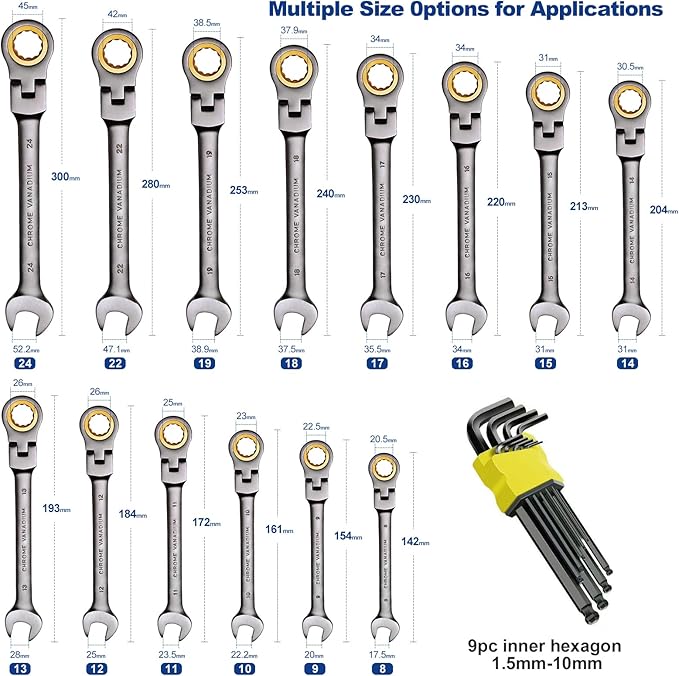 23-Piece Flex-Head Ratcheting Combination Wrench Set-Includes 14PCS Metric 8-24mm Ratchet Combination Wrenches Set,9PCS Allen Wrenches-72-Teeth,Cr-V Constructed,Nickel Plated,Organizer Bag