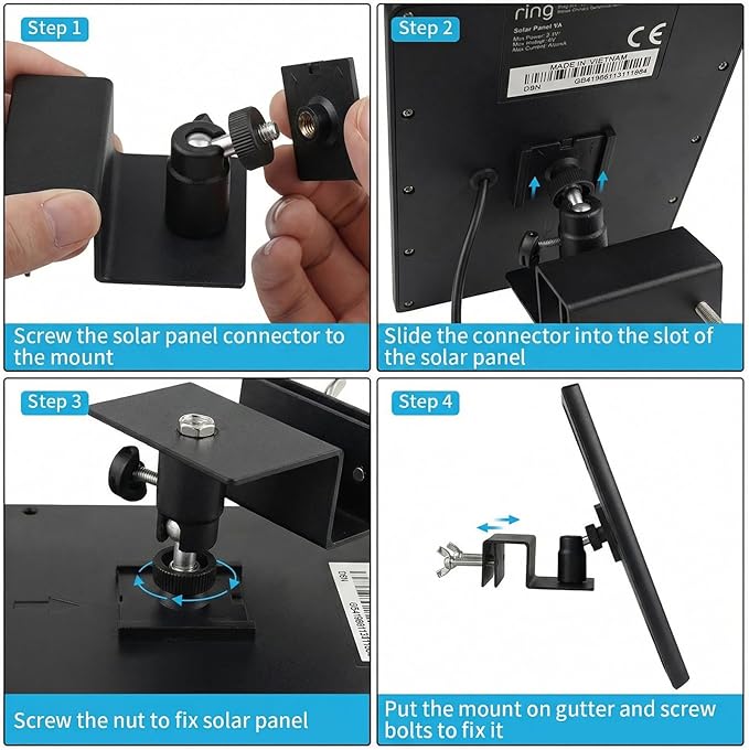ALERTCAM Gutter Mount for Solar Panel, Adjustable Weatherproof Aluminum Alloy Mount Bracket, Perfect Angle to Get Adequate Sunlight (Black)