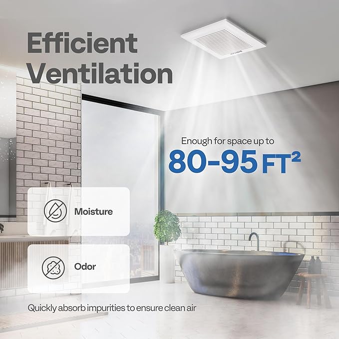 VIVOHOME Ultra-Quiet 80 CFM Bathroom Exhaust Fan, 1.5 Sone 95 Sq.Ft Coverage, 4'' Duct Ceiling Mount, White Shower Ventilation Fan
