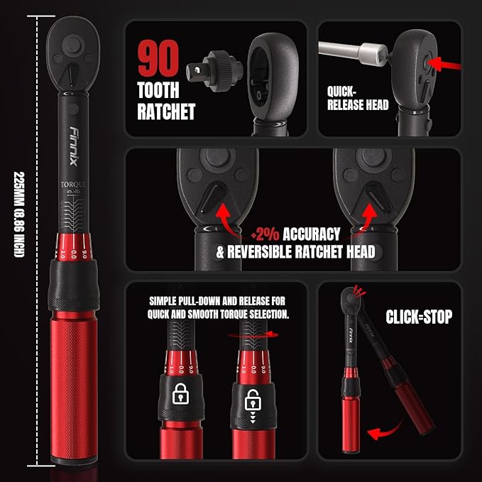 1/4 Inch Drive Click Torque Wrench, 18 PCS Bike Torque Wrench Set Double Scale (10-150lb.in/1.1-17.0Nm/), High Precision with Bit Sockets, Universal Joint, Extension Bar, for Bicycle Maintenance