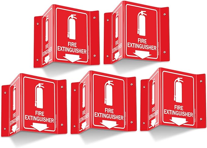Faittoo Fire Extinguisher Sign, Fire Extinguisher with Down Arrow - 5 Pack 6 x 8 Inches V-Shaped Acrylic Plastic, 4 Pre-Drilled Holes, Includes Matching Screws, Use for Home Office/Business