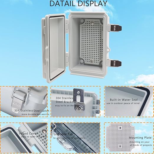 Waterproof Junction Box, ABS Plastic Electrical Box with Stainless Steel Latch, Hinged Cover Electric Project Enclosure Box with Mounting Plate, Wall Brackets & Cable Gland 5.9"x3.9"x2.8"