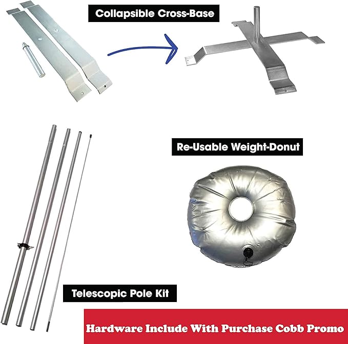 Feather Flag Telescoping fibre glass Hardware 14ft fibreglass Carbon fibre Flexible Pole tip Kits with Cross-Base and Weight-Donut Hardware Only. (Pack 3)