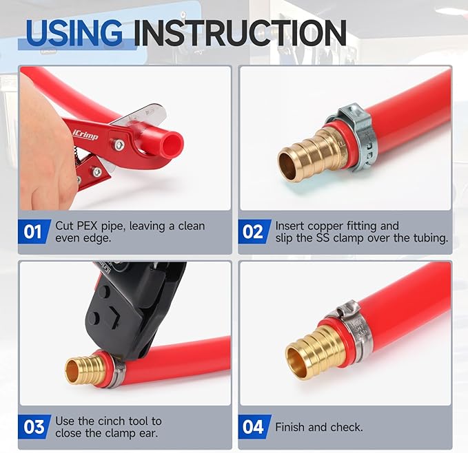 iCrimp One-Hand Crimping Tool Meets ASTM F2098, PEX Clamp Cinch Tool Kit with 20PCS 1/2-in, 10PCS 3/4-in PEX Clamps and Pipe Cutter- All in One