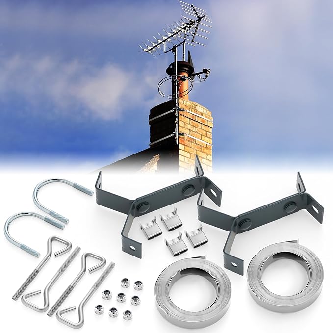 Blulu 2 Set TV Chimney Antenna Y-Mount Kit 18ft Galvanized Steel Straps Stainless Steel 4 Inch Standoff Pole Mast Bracket Wall Mounting Heavy Duty for Cb Ham Home Outdoor Weather Station