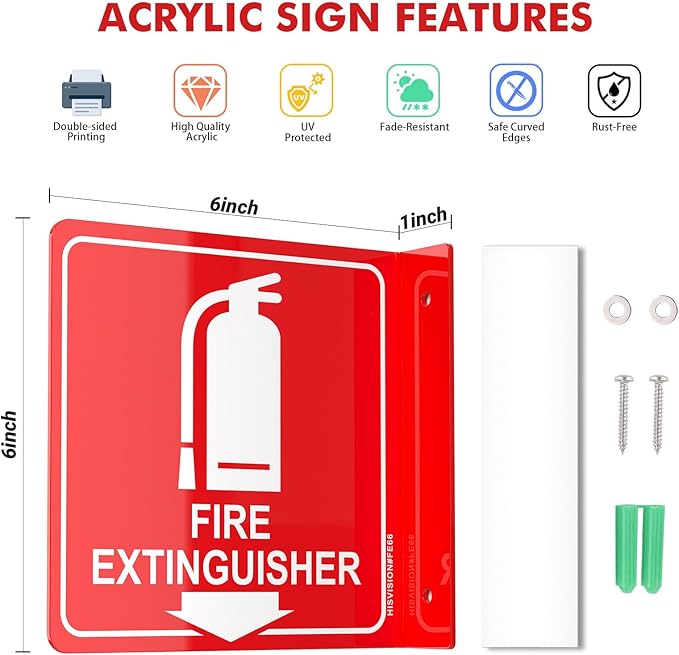 Fire Extinguisher Sign with Down Arrow, 2 Pack - 6"x6 " Acrylic, Includes Matching Screws, Use for Home Office/Business, UV Protected, Fade/Weather Resistant, Indoor/Outdoor Use, Easy to Install