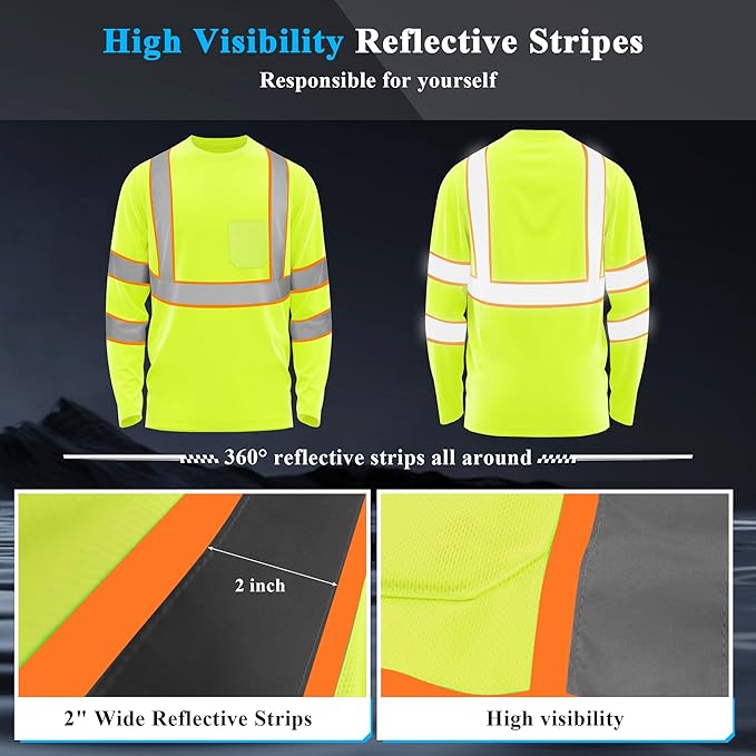 W&H Hi Vis Safety Long Sleeve Shirts Reflective High Visibility Birdeyes Class 3 Shirts,Construction Work