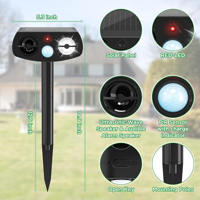 Solar Animal Repeller Outdoor, Motion Activated Ultrasonic Pest Deterrent with LED Light, Waterproof Repellent for Yard Garden, Raccoon Squirrel Rabbit Cat Dog, 2 Pack